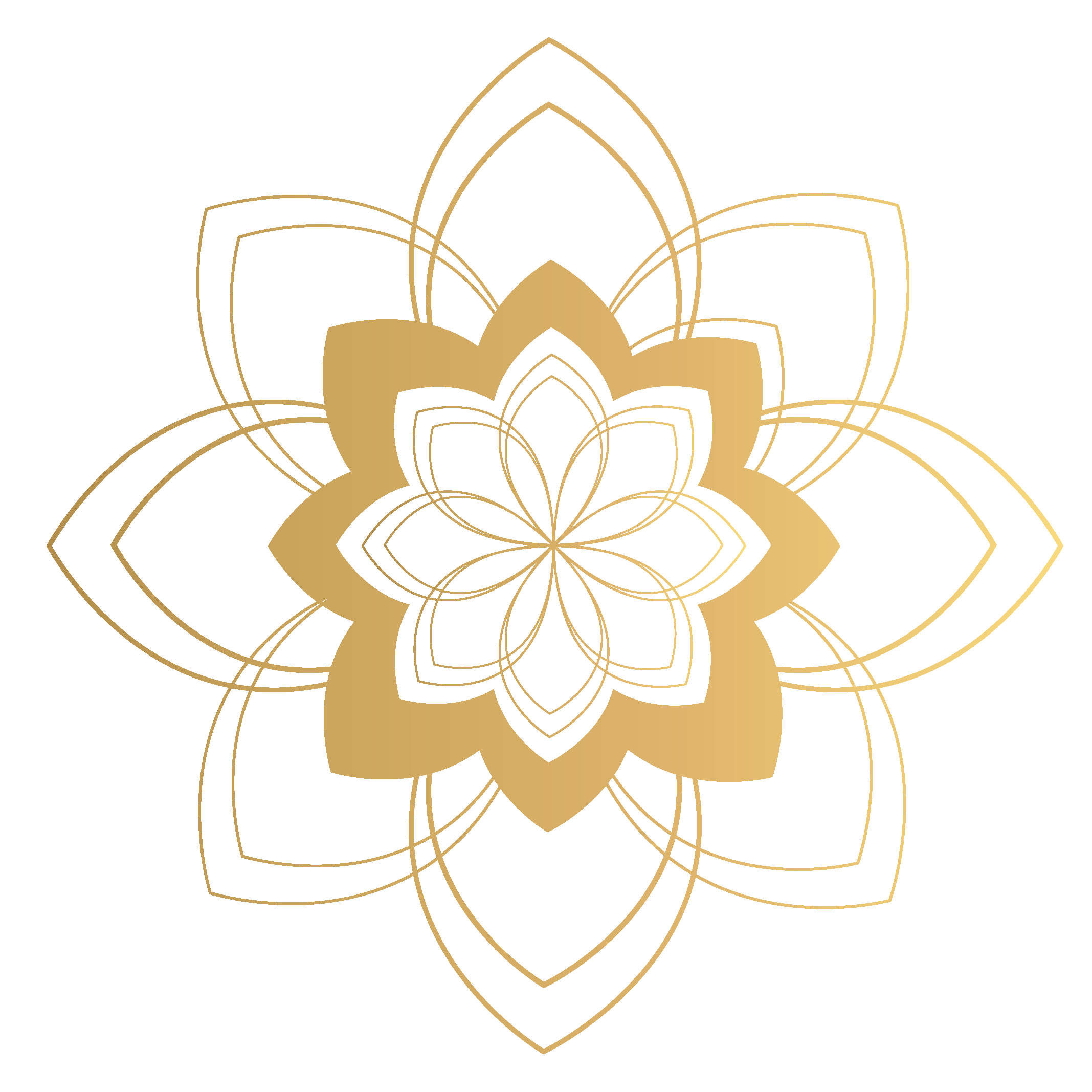 Gold geometric mandala design with overlapping petals and layered outlines on a black background.